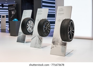 Frankfurt, Germany, Sep 13, 2017: Hankook Both, Aluminum Rims With Tubeless Tire Hankook Winter I Cept Evo2 Suv And Kinergy 4s 4-Seasons With Kontral Technology At 67th International Motor Show, IAA