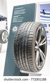 Frankfurt, Germany, Sep 13, 2017: Hankook Booth, Aluminum Rims With Tubeless Tire Hankook Ventus S1 Evo2 SUV, Kontral Technology, Original Equipment For Audi Q7, SQ7, 67th International Motor Show IAA