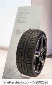 Frankfurt, Germany, Sep 13, 2017: Hankook Booth, Aluminum Rims With Tubeless Tire Hankook Ventus S1 Evo2, Kontral Technology, Premium Performance, 67th International Motor Show IAA