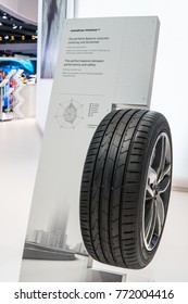 Frankfurt, Germany, Sep 13, 2017: Hankook Booth, Aluminum Rims With Tubeless Tire Hankook Ventus Prime3, Kontral Technology, Premium Summer Tyre, 67th International Motor Show IAA