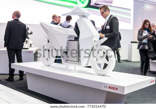 Frankfurt, Germany, Sep 13, 2017: Robert Bosch GmbH\
booth, electric scooter, e-bike, mobility of future, connected,\
automated, electrified, with exciting technology, 67th\
International Motor Show\
IAA
