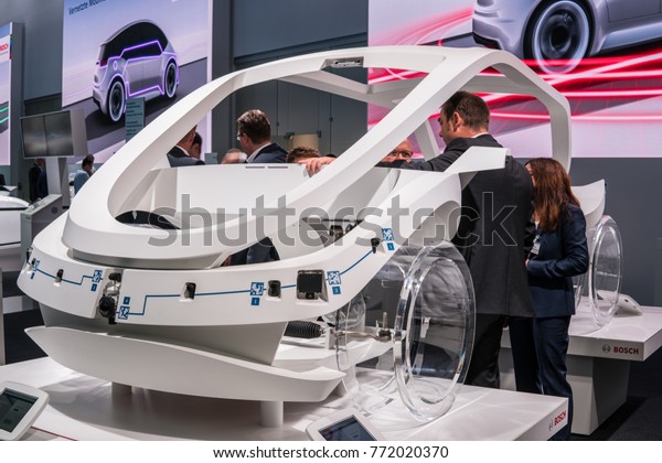 Frankfurt, Germany, Sep 13, 2017: Robert Bosch GmbH\
booth, cross section modern car, mobility of future, connected,\
automated, electrified, with exciting technology, 67th\
International Motor Show\
IAA