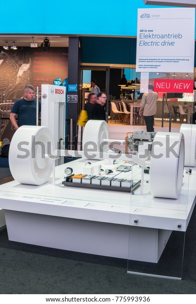 Frankfurt, Germany, Sep 13, 2017: Robert Bosch GmbH\
booth, cross section parts modern car, mobility of future,\
connected, automated, electrified, exciting technology, 67th\
International Motor Show\
IAA