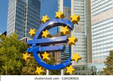 FRANKFURT, GERMANY - SEP 18, 2018: EURO symbol in front of skyline in Frankfurt am Main where the old ECB building was placed.