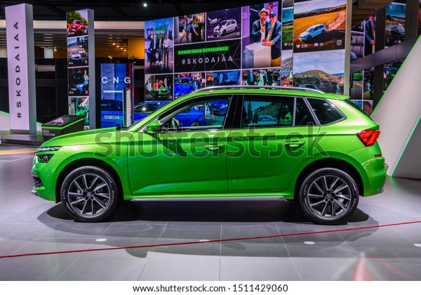 FRANKFURT, GERMANY - SEPT 2019: lime green\
SKODA KAMIQ subcompact crossover  SUV, IAA International Motor Show\
Auto Exhibtion.