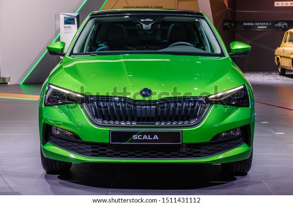 FRANKFURT, GERMANY - SEPT 2019: lime green\
SKODA SCALA estate wagon combi family car based on Vision RS, IAA\
International Motor Show Auto\
Exhibtion.