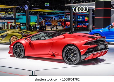 FRANKFURT, GERMANY - SEPT 2019: Pink Cabrio Sports Car LAMBORGHINI HURACAN SPYDER, IAA International Motor Show Auto Exhibtion.