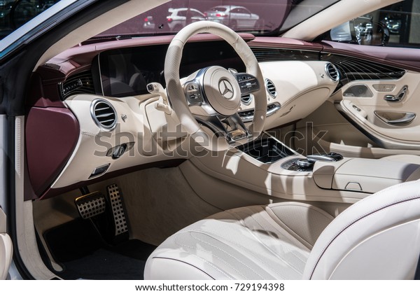 Frankfurt, Germany,\
September 12, 2017: World premiere: Mercedes-Benz S 450 4MATIC\
Coupe at 67th International Motor Show (IAA), control board,\
steering wheel, upholstery, seats,\
