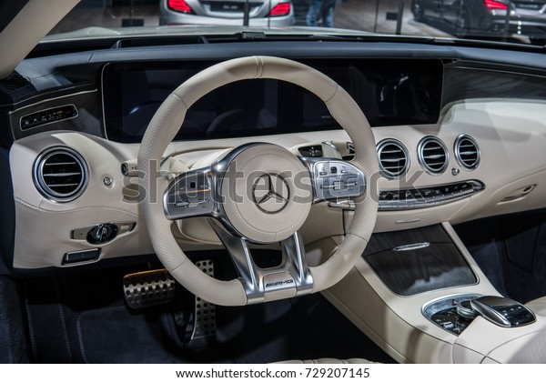 Frankfurt, Germany, September 12, 2017: World\
premiere: Mercedes-AMG S 65 4MATIC+ Cabriolet V12 biturbo at 67th\
International Motor Show (IAA), control board, steering wheel,\
upholstery