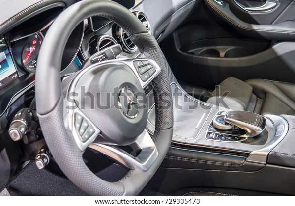Frankfurt, Germany,\
September 12, 2017: Mercedes-Benz GLC 350 e 4Matic Coupe EQ Power\
at 67th International Motor Show (IAA), control board, steering\
wheel, upholstery,\
seats