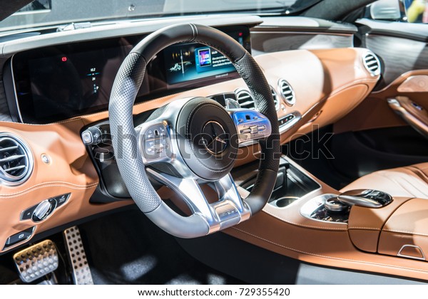 Frankfurt, Germany, September 12, 2017:\
Mercedes-Benz S 560 4Matic Coupe at 67th International Motor Show\
(IAA), control board, steering wheel, upholstery,\
seats