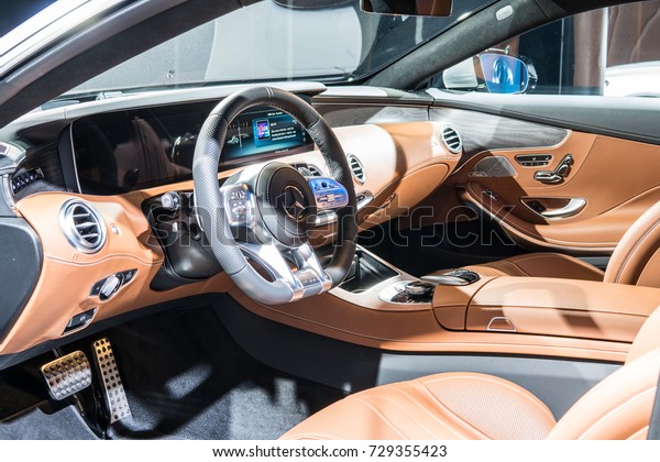 Frankfurt, Germany, September 12, 2017:\
Mercedes-Benz S 560 4Matic Coupe at 67th International Motor Show\
(IAA), control board, steering wheel, upholstery,\
seats