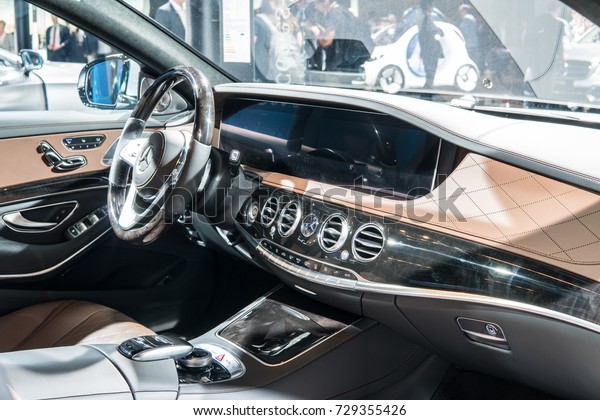 Frankfurt, Germany, September\
12, 2017: Mercedes-Benz S 560 e Limousine Long at 67th\
International Motor Show (IAA), control board, steering wheel,\
upholstery, seats