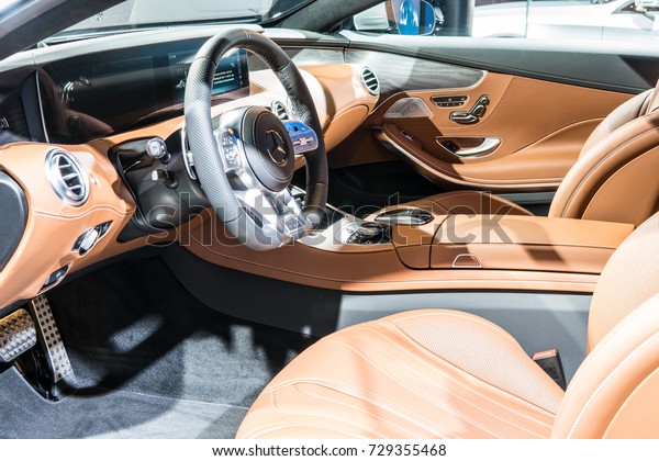 Frankfurt, Germany, September 12, 2017:
Mercedes-Benz S 560 4Matic Coupe at 67th International Motor Show
(IAA), control board, steering wheel, upholstery,
seats