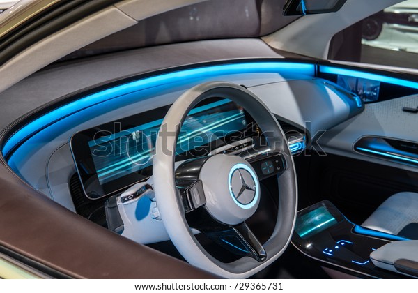 Frankfurt, Germany, September 12, 2017: Show car:\
Mercedes-Benz Concept EQ Electric Intelligence at 67th\
International Motor Show (IAA), control board, steering wheel,\
upholstery, seats