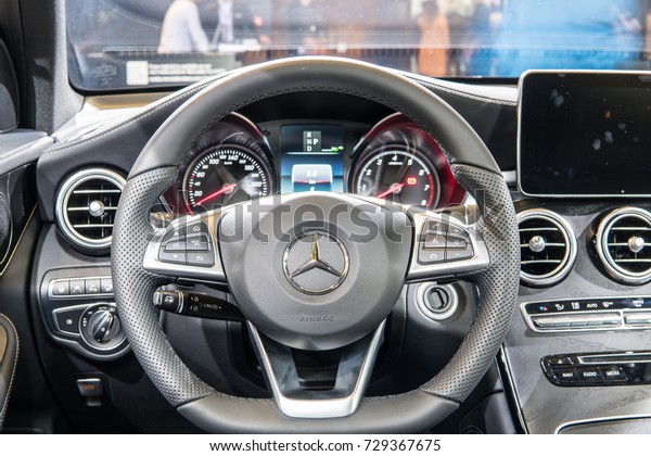 Frankfurt, Germany, September\
12, 2017: Mercedes-Benz GLC 350 e 4Matic Coupe EQ Power at 67th\
International Motor Show (IAA), control board, steering wheel,\
upholstery