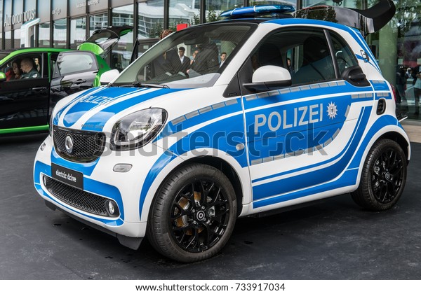Frankfurt, Germany, September 12, 2017:\
Mercedes-Benz Smart for two POLIZEI POLICE electric drive edition\
at 67th International Motor Show\
(IAA)