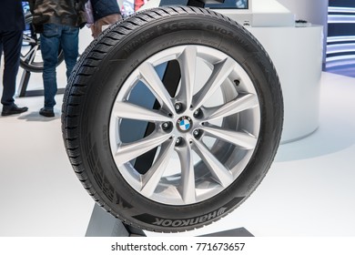 Frankfurt, Germany, September 13, 2017: Hankook Both, Aluminum BMW Rims With Tubeless Tire Hankook Winter I Cept Evo2 Suv With Kontral Technology At 67th International Motor Show (IAA)