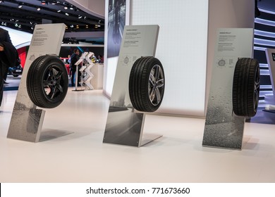 Frankfurt, Germany, September 13, 2017: Hankook Both, Aluminum Rims With Tubeless Tire Hankook Kinergy Eco2, Ventus Prime3, S1 Evo2 With Kontral Technology At 67th International Motor Show (IAA)