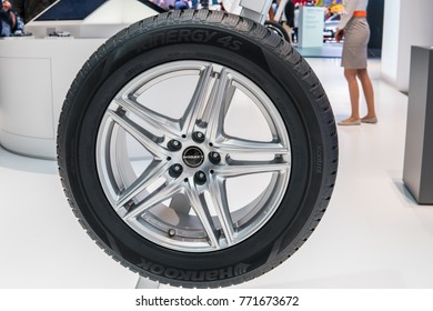 Frankfurt, Germany, September 13, 2017: Aluminum Rim BORBET With Tubeless Tire Hankook Kinergy 4s 4-Seasons With Kontral Technology, All Season At 67th International Motor Show (IAA)