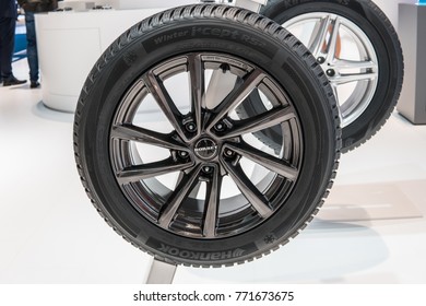 Frankfurt, Germany, September 13, 2017: Hankook Both, Aluminum BORBET Rims With Tubeless Tire Hankook Winter I Cept RS2 With Kontral Technology At 67th International Motor Show (IAA)