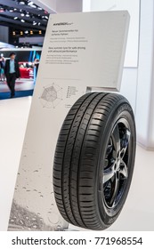 Frankfurt, Germany, September 13, 2017: Hankook Booth, Aluminum Rims With Tubeless Tire Hankook Kinergy Eco2, With Kontral Technology At 67th International Motor Show (IAA)