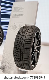 Frankfurt, Germany, September 13, 2017: Hankook Booth, Aluminum Brock Rims With Tubeless Tire Hankook Winter I Cept Evo2, Kontral Technology Ultra-high Performance At 67th International Motor Show IAA