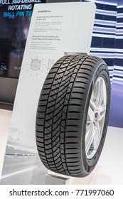 Frankfurt, Germany, September 13, 2017: Hankook Booth, Aluminum Rim BORBET With Tubeless Tire Hankook Kinergy 4s 4-Seasons With Kontral Technology, All Season At 67th International Motor Show (IAA)