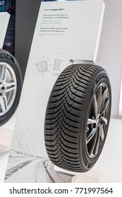 Frankfurt, Germany, September 13, 2017: Hankook Booth, Aluminum BORBET Rims With Tubeless Tire Hankook Winter I Cept RS2 With Kontral Technology At 67th International Motor Show (IAA)