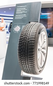 Frankfurt, Germany, September 13, 2017: Hankook Booth, Aluminum BMW Rims With Tubeless Tire Hankook Winter I Cept Evo2 Suv With Kontral Technology At 67th International Motor Show (IAA)