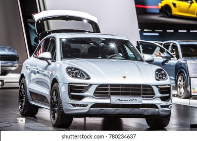 Frankfurt, Germany, September 13, 2017: metallic silver Porsche Macan GTS at 67th International Motor Show IAA
