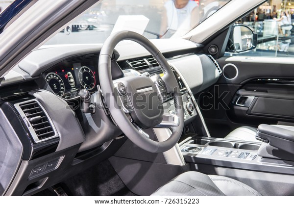Frankfurt, Germany, September 13,\
2017: Land Rover New Discovery at 67th International Motor Show\
(IAA), control board, steering wheel, upholstery, seats,\
