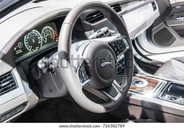 Frankfurt, Germany, September 13, 2017: Jaguar\
XF SPORTBRAKE at 67th International Motor Show (IAA), control\
board, steering wheel,\
upholstery