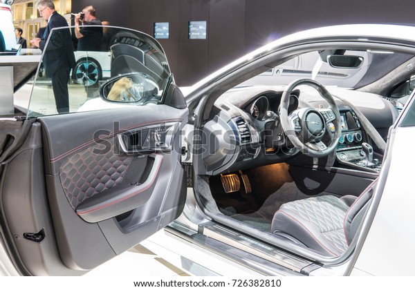 Frankfurt, Germany,\
September 13, 2017: Jaguar F-Type SVR Special Vehicle Operations at\
67th International Motor Show (IAA), control board, steering wheel,\
upholstery, seats