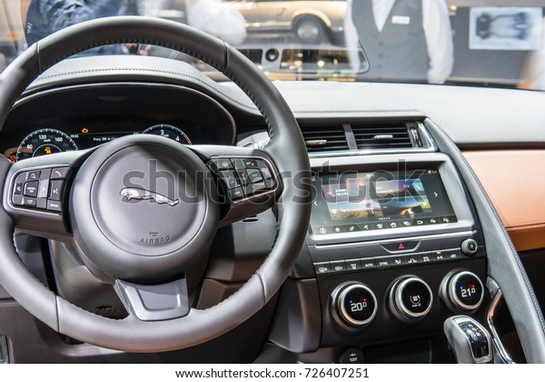 Frankfurt, Germany, September 13, 2017: Jaguar\
E-PACE R-DYNAMIC D180 HSE at 67th International Motor Show (IAA),\
control board, steering wheel,\
upholstery