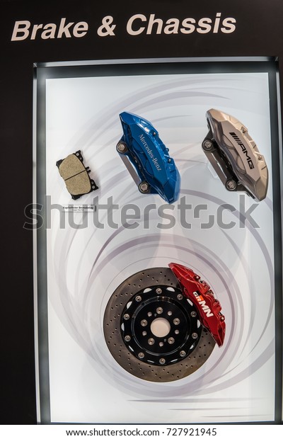 Frankfurt, Germany,\
September 13, 2017: Exhibits on AISIN Seiki Co booth - Hydraulic\
Brake System for Mercedes-Benz, AMG, GRMN at 67th International\
Motor Show (IAA)