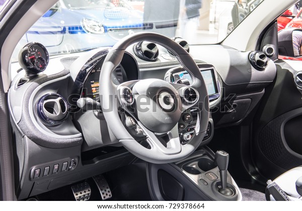 Frankfurt, Germany, September 13, 2017:\
blue Mercedes-Benz Smart fortwo Brabus at 67th International Motor\
Show (IAA), control board, steering wheel,\
upholstery