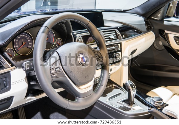 Frankfurt, Germany, September\
13, 2017: BMW ALPINA D3 BITURBO Touring Allroad at 67th\
International Motor Show (IAA), control board, steering wheel,\
upholstery, seats