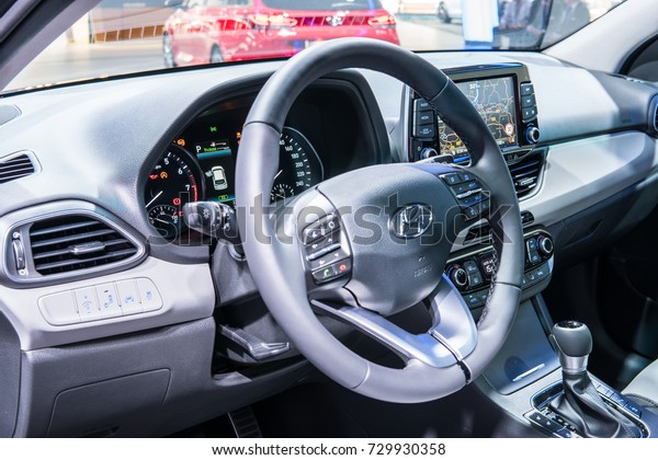 Frankfurt, Germany, September 13, 2017:\
Hyundai new i30 Fastback at 67th International Motor Show (IAA),\
control board, steering wheel,\
upholstery