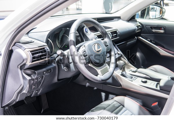 Frankfurt, Germany, September 13, 2017: metallic\
white LEXUS IS 300h hybrid SPORTS SALOON BOLDLY DIFFERENT at 67th\
International Motor Show (IAA), control board, steering wheel,\
upholstery, seats
