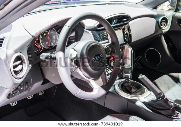 Frankfurt, Germany, September 13,\
2017: metallic blue Subaru BRZ at 67th International Motor Show\
(IAA), control board, steering wheel, upholstery, seats,\
