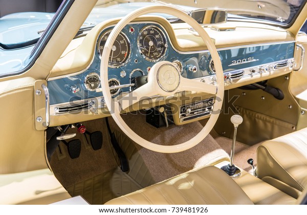 Frankfurt, Germany, September 13, 2017: BRABUS\
Classic Completely newly restored vehicle Mercedes-Benz 300 SL\
Gullwing at 67th International Motor Show (IAA), control board,\
steering wheel,\
upholstery