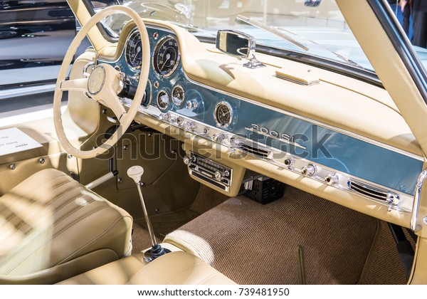 Frankfurt, Germany, September 13, 2017: BRABUS\
Classic Completely newly restored vehicle Mercedes-Benz 300 SL\
Gullwing at 67th International Motor Show (IAA), control board,\
steering wheel,\
upholstery