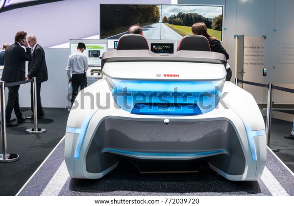Frankfurt, Germany, September 13, 2017: Robert Bosch\
GmbH booth, driving simulator, mobility of future, connected,\
automated, electrified, with exciting technology at 67th\
International Motor Show\
IAA