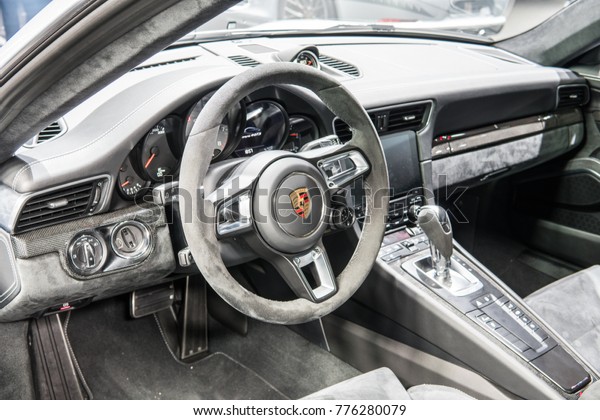 Frankfurt, Germany, September\
13, 2017: metallic silver Porsche 911 Carrera 4 GTS at 67th\
International Motor Show (IAA), control board, steering wheel,\
upholstery, seats,