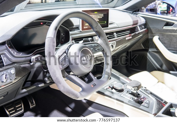 Frankfurt, Germany, September 13,\
2017: metallic blue Audi RS 5 Coupe at 67th International Motor\
Show (IAA), control board, steering wheel, upholstery, seats,\
