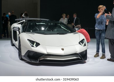 FRANKFURT, GERMANY - SEPTEMBER 16, 2015: Frankfurt International Motor Show (IAA) 2015. Lamborghini Aventador