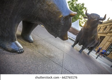 Frankfurt Germany Stock Exchange Bull And Bear Statues