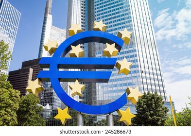 Frankfurt, Germany-August 16 : Euro Sign. European Central Bank (ECB) is the central bank for the euro and administers the monetary policy of the Eurozone. August 16, 2014 in Frankfurt, Germany. 