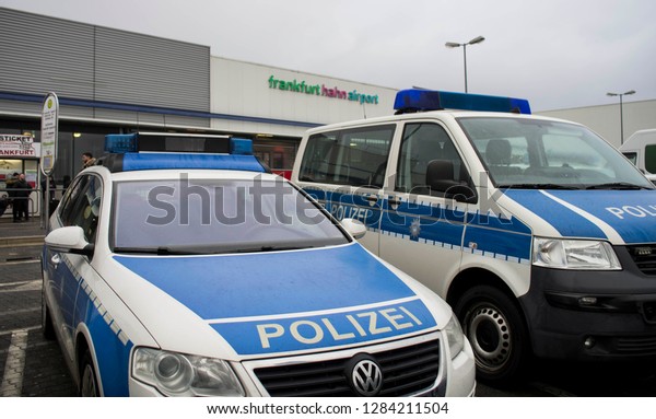 Frankfurt Hahn,
Germany - January 12 2019 ; German Police vehicles infront of the
airport in Frankfurt Hahn,
Germany.
